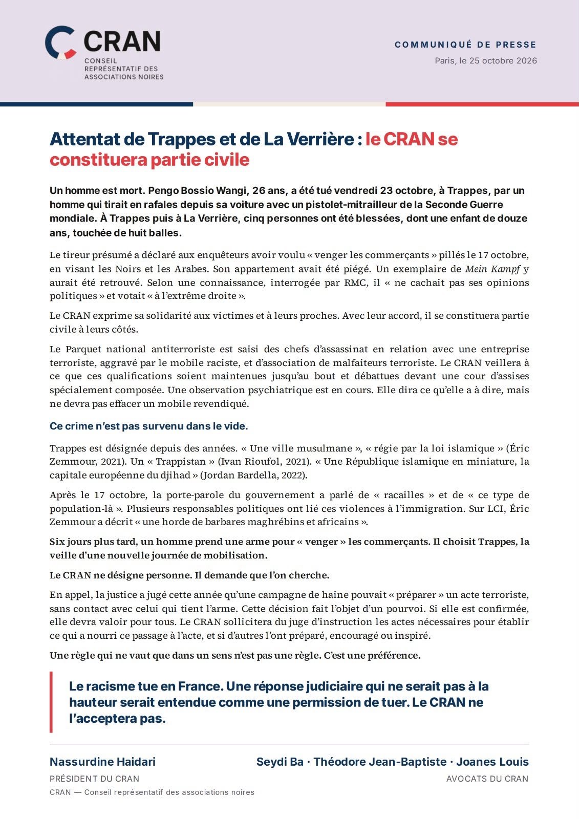 Attentat de Trappes et de La Verrière : le CRAN se constituera partie civile